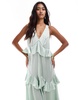 ASOS DESIGN satin scoop neck cross back midi dress with frills in sage green