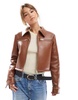 ASOS DESIGN bonded leather look borg harrington jacket in brown