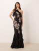 ASOS DESIGN floral embroidered halter bias maxi dress with embellishment and ruffle hem in black