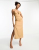 Bardot shaped plunge midaxi dress with split in mocha