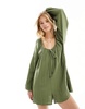 ASOS DESIGN long sleeve romper with bead detailing in khaki