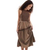 COLLUSION shirred racer neck midi dress with contrast detail in washed brown