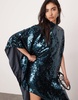 ASOS EDITION sequin high neck cape sleeve mini dress with asymmetric hem in dark blue