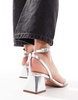 ASOS DESIGN Hibiscus asymmetric mid block heeled sandals in silver