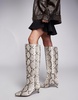 River Island snakeskin print knee boots with low heel in beige