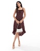 ASOS DESIGN high low ruffle bust spun dress in burgundy spot print