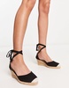 London Rebel wide fit tie leg espadrille wedges in black