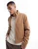 ASOS DESIGN wool look harrington jacket with funnel neck in camel