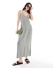 Stradivarius linen blend cami maxi dress in washed khaki