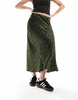 Mango satin print midi skirt in dark green