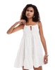 COLLUSION cotton linen tiered sun dress with bunny tie and ring detail in white