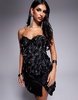 ASOS LUXE 3D floral ruffle bandeau mini dress with embellished drop pearls in black