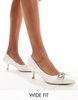 Truffle Collection wide fit bridal kitten heel embellished bow detail pumps in ivory sateen