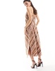 French Connection Gaia textured halterneck midi dress in mocha stripe