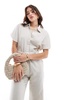 Mango belted short sleeve jumpsuit in light beige