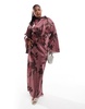 ASOS DESIGN Curve satin wrap maxi dress with drape bodice and kimono sleeve in pink floral