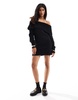 Cotton On off shoulder fluffy mini dress in black