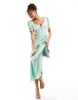 ASOS DESIGN v neck satin midi dress with lace bodice in sage green with contrast lace