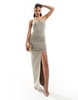 Vesper exclusive asymmetric one shoulder bodycon maxi dress in stone