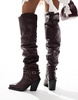 ASOS DESIGN Kingfisher leather ruched over the knee boots with buckles in burgundy