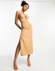 Bardot shaped plunge midaxi dress with split in mocha