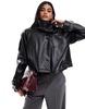 ASOS DESIGN funnel neck leather look short trench coat in black