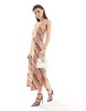 French Connection Gaia textured halterneck midi dress in mocha stripe