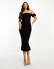 Vesper Tall bardot frill sleeve midi dress in black