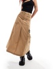 COLLUSION ripstop maxi skirt with contrast stitch and embroidery emblem in camel