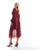 ASOS DESIGN Petite long sleeve tie front midi dress with lace inserts in burgundy ditsy floral