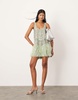 ASOS EDITION embellished scoop neck mini dress with faux feather hem in sage green