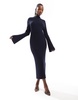 French Connection knit midi sweater dress with flare sleeves in navy