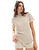 Vila plisse high neck short sleeve t-shirt with lettuce edge detail in beige