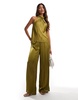 River Island plisse satin wide leg pants in khaki - part of a set