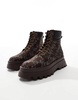 ASOS DESIGN lace up worker boots in brown monogram with chunky sole