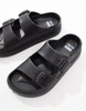 ASOS DESIGN Freestyle flatform double buckle footbed sliders in black