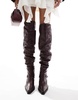 ASOS DESIGN Kingfisher leather ruched over the knee boots with buckles in burgundy