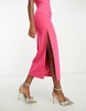 Bardot shaped plunge midaxi dress with split in bright pink