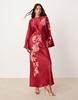 ASOS DESIGN exaggerated sleeve embroidered satin bias maxi dress in berry