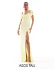 ASOS DESIGN Tall satin corset detail chiffon bias cut maxi dress with flutter sleeve in lemon