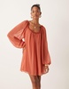 ASOS DESIGN ruffle neck mini smock dress in rust