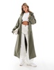 ASOS DESIGN rubberized rain hooded trench coat with belt detail in khaki