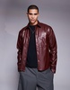 ASOS DESIGN faux leather oversize boxy shirt in burgundy - part of a set