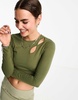 Cotton On cut out detail long sleeve crop top in khaki