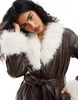 ASOS DESIGN faux fur collar and cuff longline leather look coat in chocolate