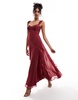 ASOS DESIGN lace insert frill detail midi dress with tie back in burgundy