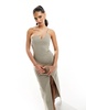 Vesper exclusive asymmetric one shoulder bodycon maxi dress in stone