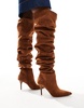 ASOS DESIGN Knock ruched heeled over the knee boots in tan