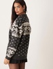 ASOS DESIGN knit collar zip through cardigan with Fairisle pattern in charcoal and cream