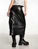 Mango midi wrap leather look skirt in black